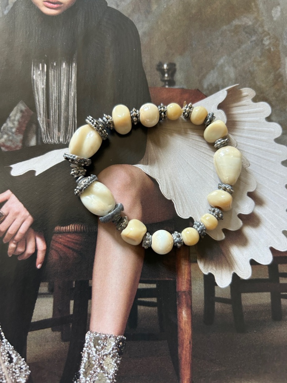 Vintage Cream  Glass Bead Stretch Bracelet with Silver Accents